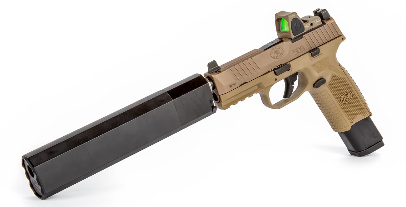 18 09 21 chris fn509 fde pistol with trijicon rmr and silencer